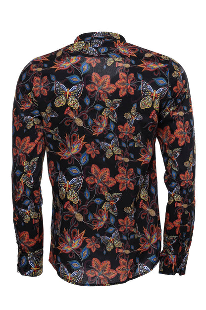 Tiger Patterned Slim Fit Long Sleeves Black Men Shirt -