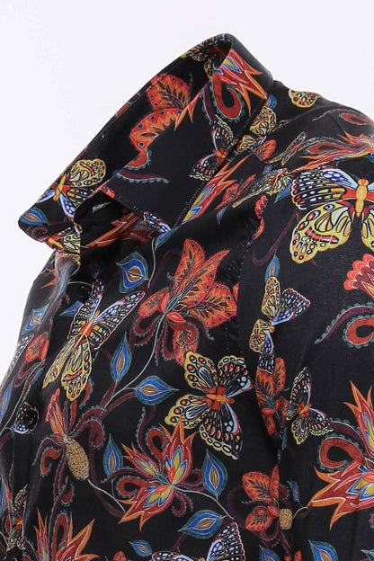 Tiger Patterned Slim Fit Long Sleeves Black Men Shirt -