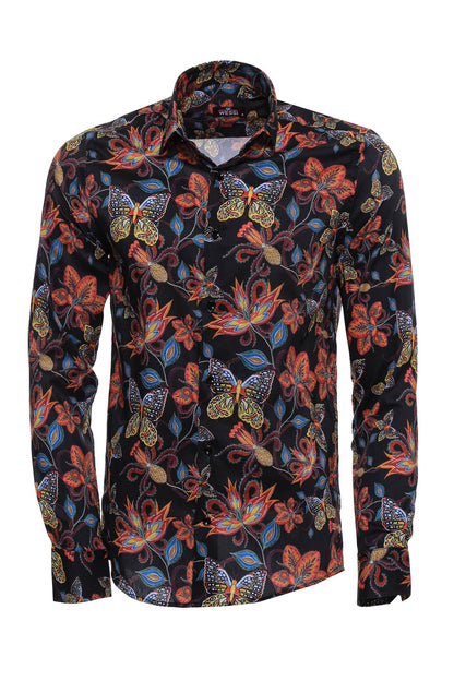 Tiger Patterned Slim Fit Long Sleeves Black Men Shirt -