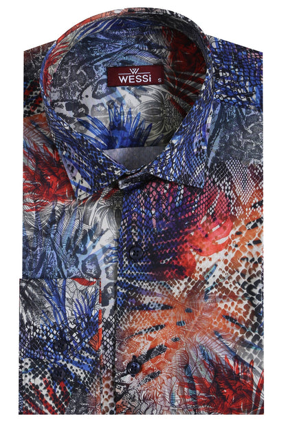 Red Leaf Patterned Navy Blue Men Shirt
