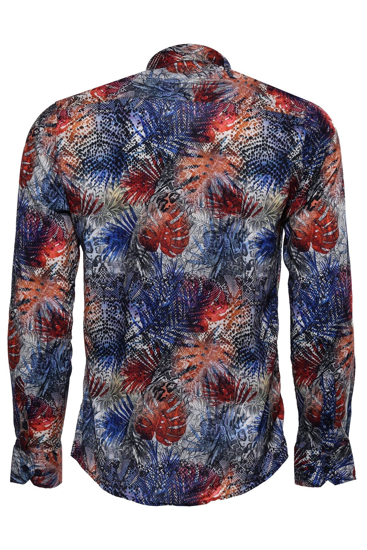 Red Leaf Patterned Navy Blue Men Shirt