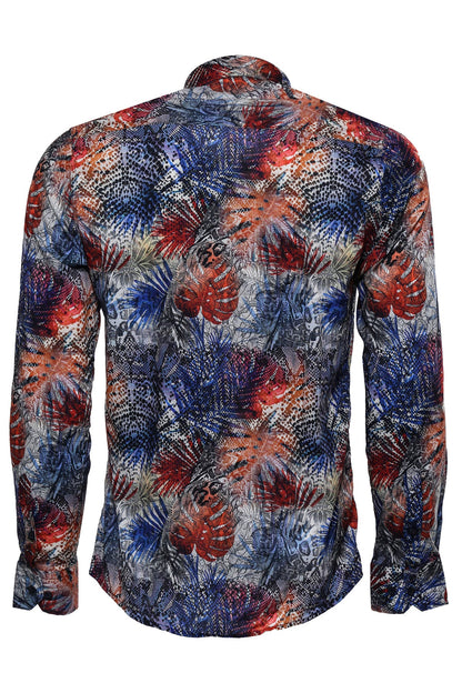 Red Leaf Patterned Navy Blue Men Shirt