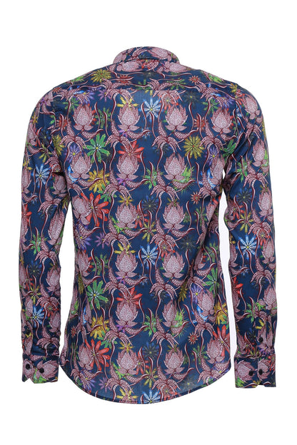 Tiger And Leaf Patterned Long Sleeves Slim Fit Blue Men Shirt