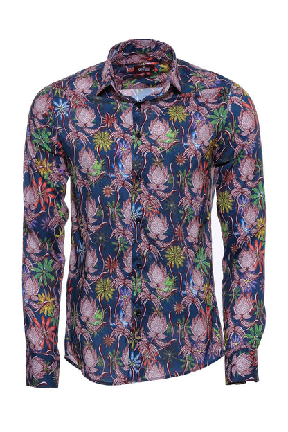Tiger And Leaf Patterned Long Sleeves Slim Fit Blue Men Shirt