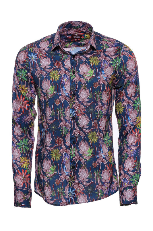Tiger And Leaf Patterned Long Sleeves Slim Fit Blue Men Shirt