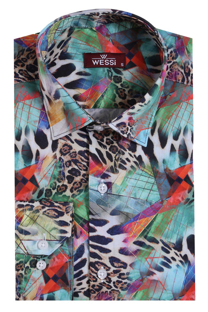 Leopard Pattern Slim Fit Long Sleeves Multicolor Men Shirt -