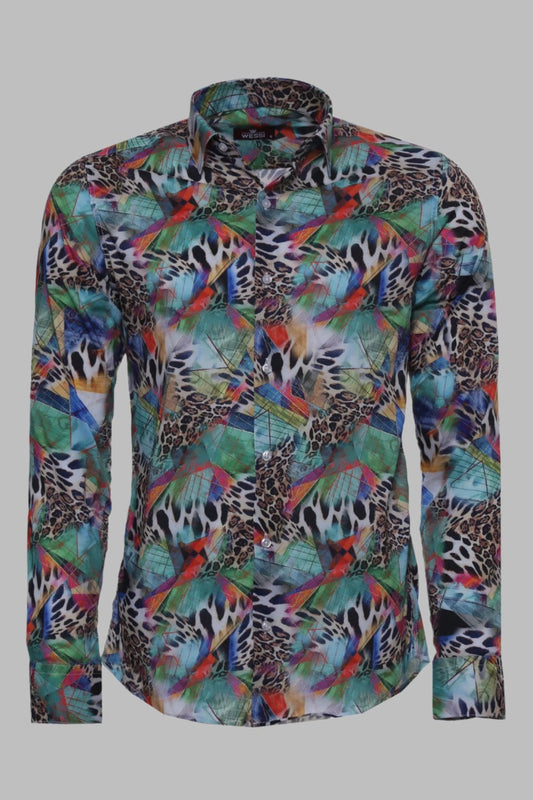 Leopard Pattern Slim Fit Long Sleeves Multicolor Men Shirt