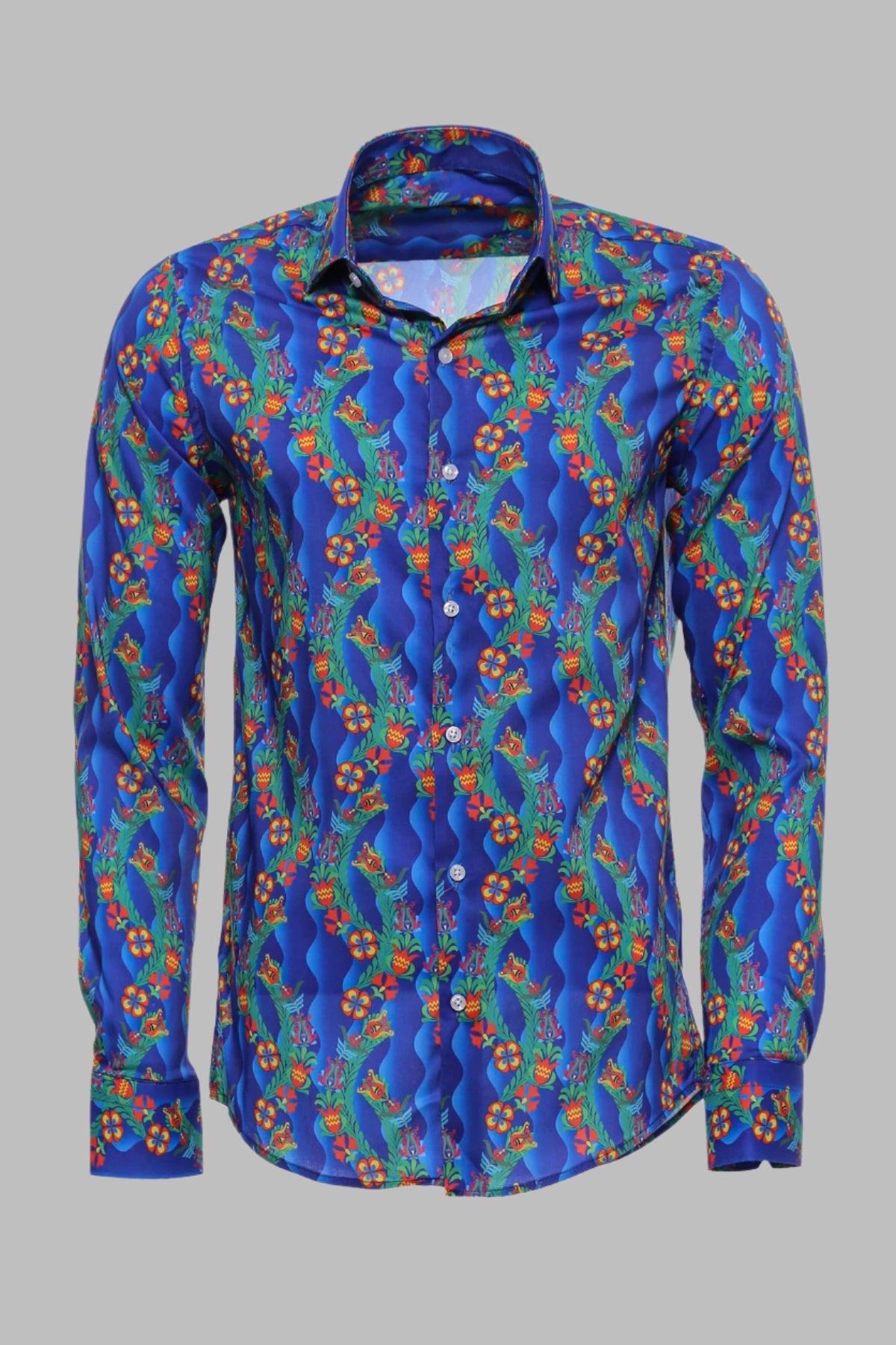 Floral Slim Fit Long Sleeve Indigo Men Shirt - Wessi
