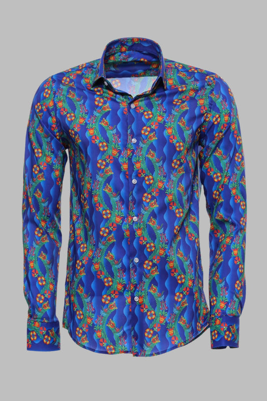 Floral Slim Fit Long Sleeve Indigo Men Shirt - Wessi