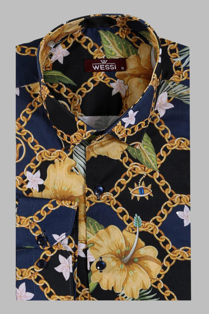 KOALA SYDNEY  Colorful Floral Patterned Slim Fit Long Sleeves Navy Blue Men Shirt -