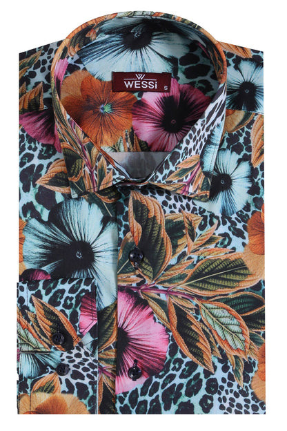 Floral Patterned Slim Fit Long Sleeves Multicolor Men Shirt