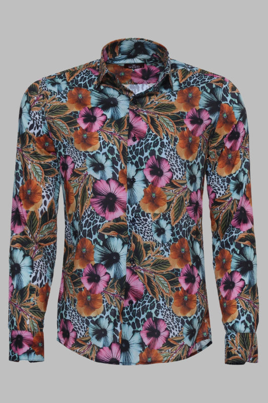 Floral Patterned Slim Fit Long Sleeves Multicolor Men Shirt
