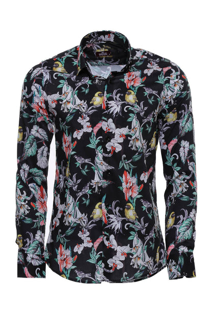 Floral Patterned Slim Fit Long Sleeves Black Men Shirt -