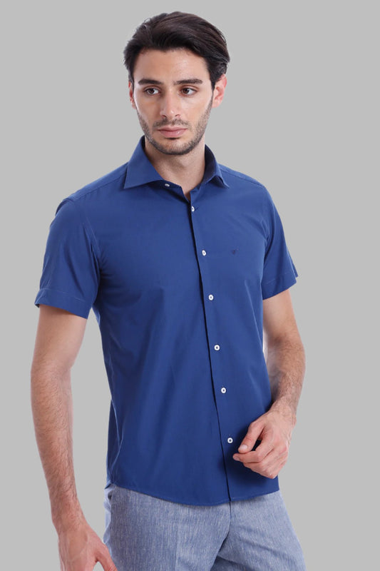 Slim Fit Short Sleeve Poly Cotton Navy Blue Men Shirt - Wessi