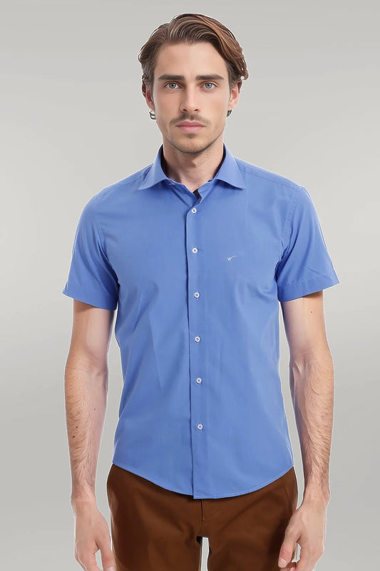 Short Sleeve Poly Cotton Slim Fit Blue Men Shirt - Wessi