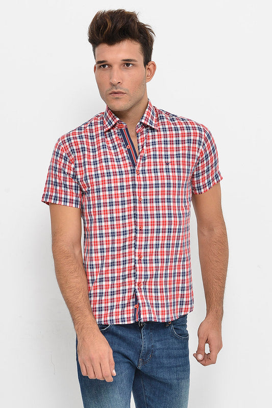 Checked Short Sleeves Navy Blue Men Shirt