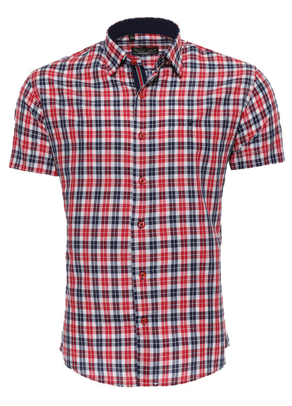 Checked Short Sleeves Navy Blue Men Shirt