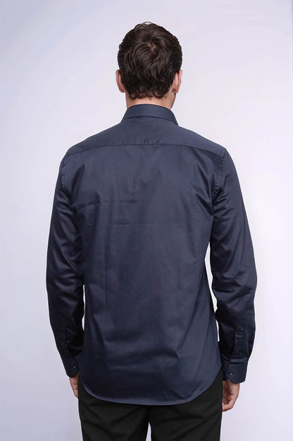 Cotton Satin Slim Fit Long Sleeves Plain Navy Blue Men Shirt - Wessi