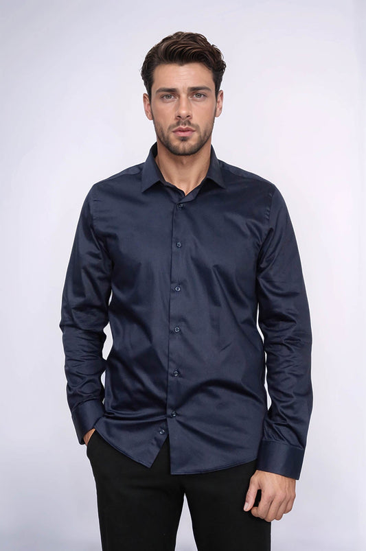 Cotton Satin Slim Fit Long Sleeves Plain Navy Blue Men Shirt - Wessi
