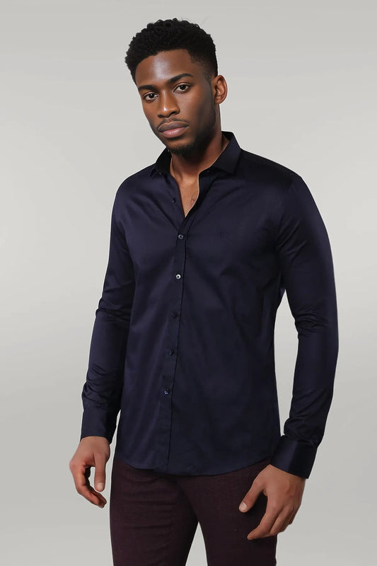 KOALA SYDNEY  Cotton Satin Slim Fit Long Sleeves Plain Navy Blue Men Shirt -