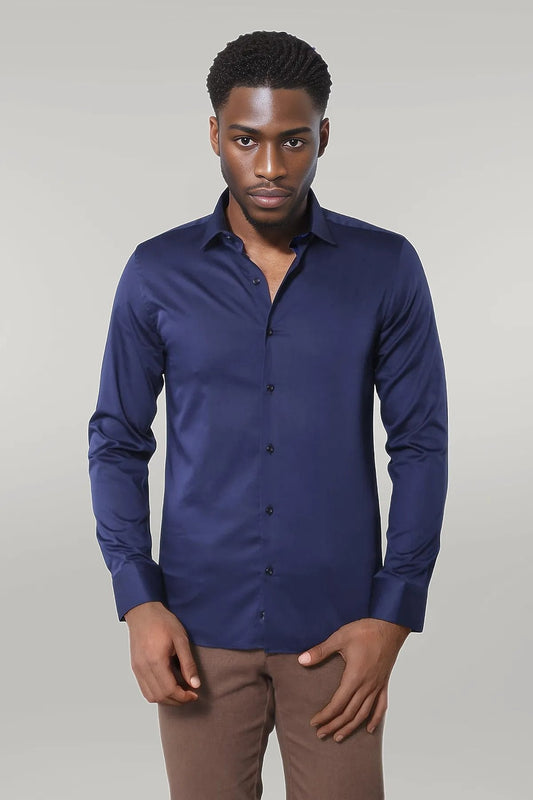 KOALA SYDNEY  Cotton Satin Slim Fit Navy Blue Men Shirt