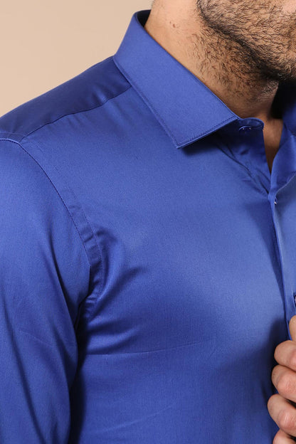 Cotton Satin Slim Fit Blue Men Shirt -