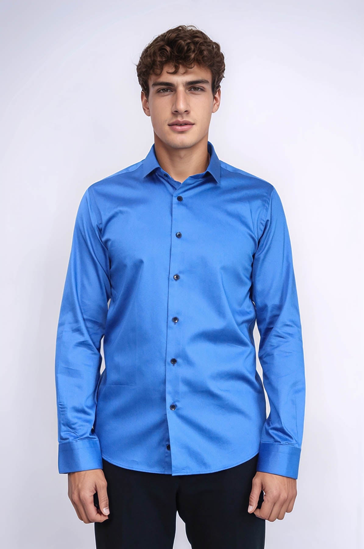 Cotton Satin Slim Fit Blue Men Shirt