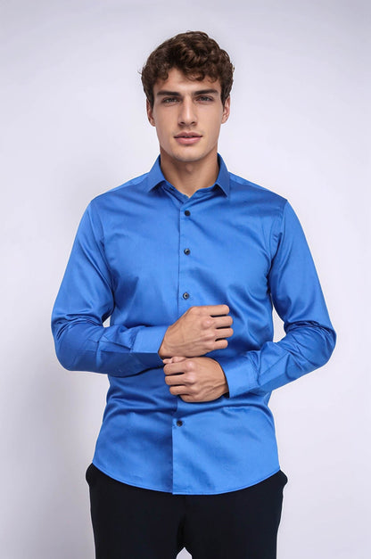 Cotton Satin Slim Fit Blue Men Shirt