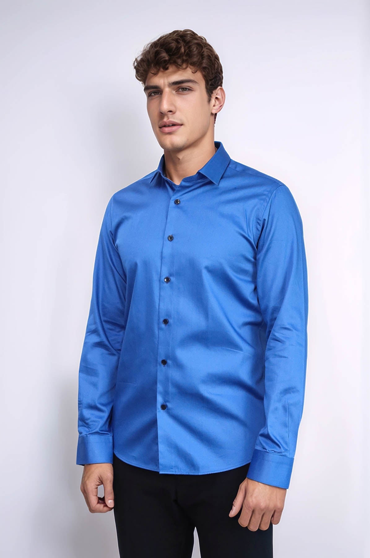 Cotton Satin Slim Fit Blue Men Shirt