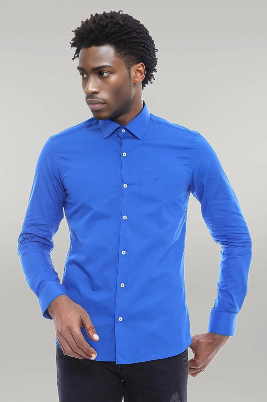 Cotton Satin Slim Fit Blue Men Shirt