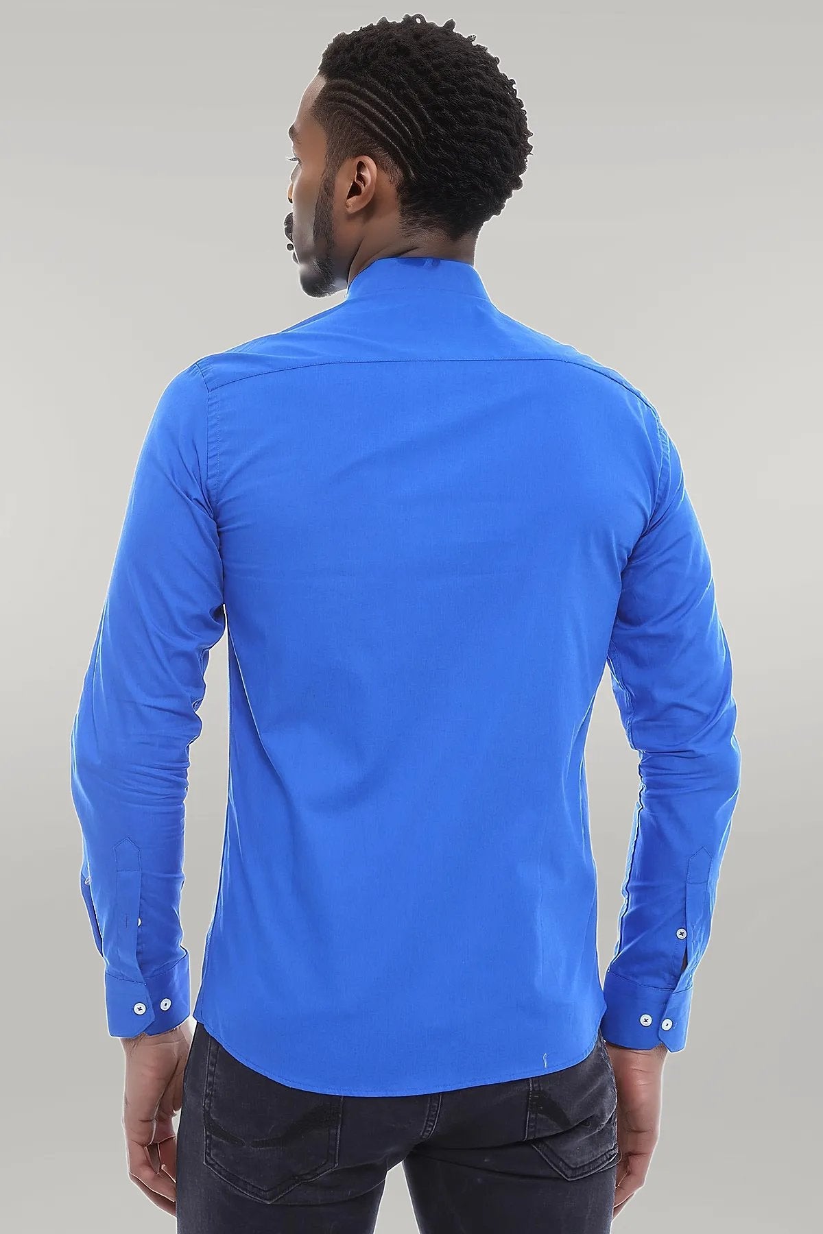 Cotton Satin Slim Fit Blue Men Shirt