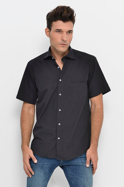 Plain Short Sleeves Black Men Shirt