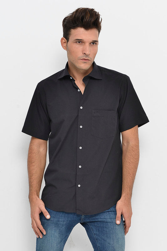 Plain Short Sleeves Black Men Shirt