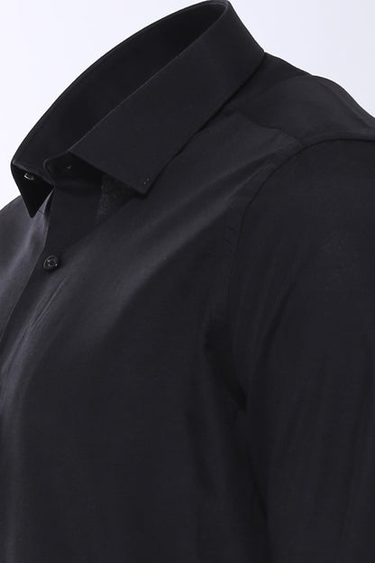 Plain Long Sleeves Regular Fit Black Men Shirt -