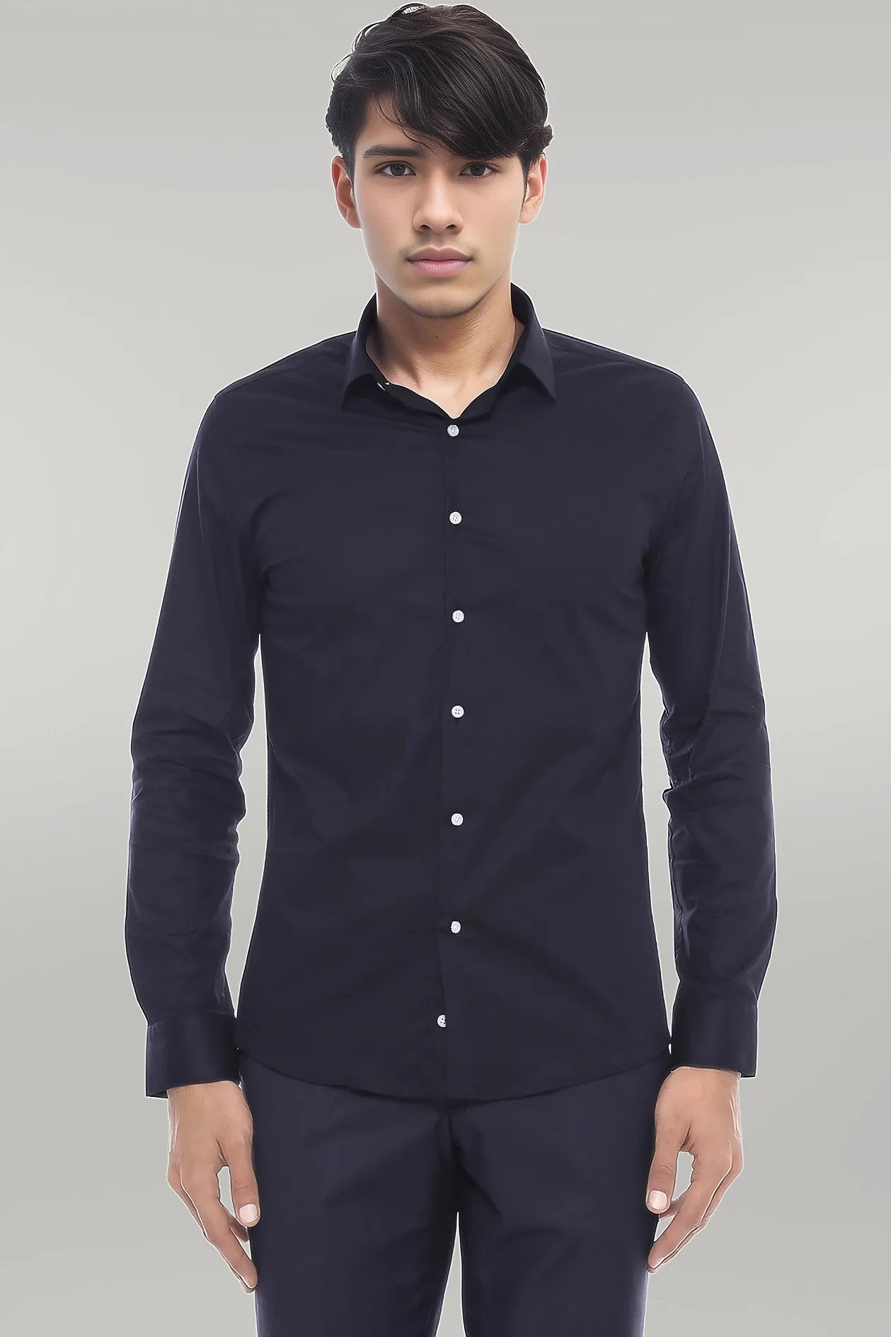 Plain Long Sleeves Regular Fit Black Men Shirt -