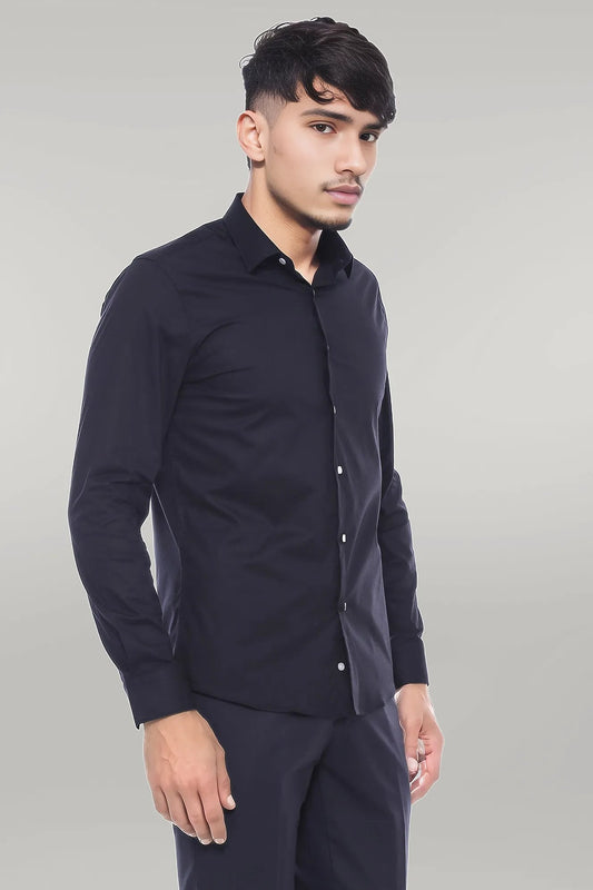Plain Long Sleeves Regular Fit Black Men Shirt