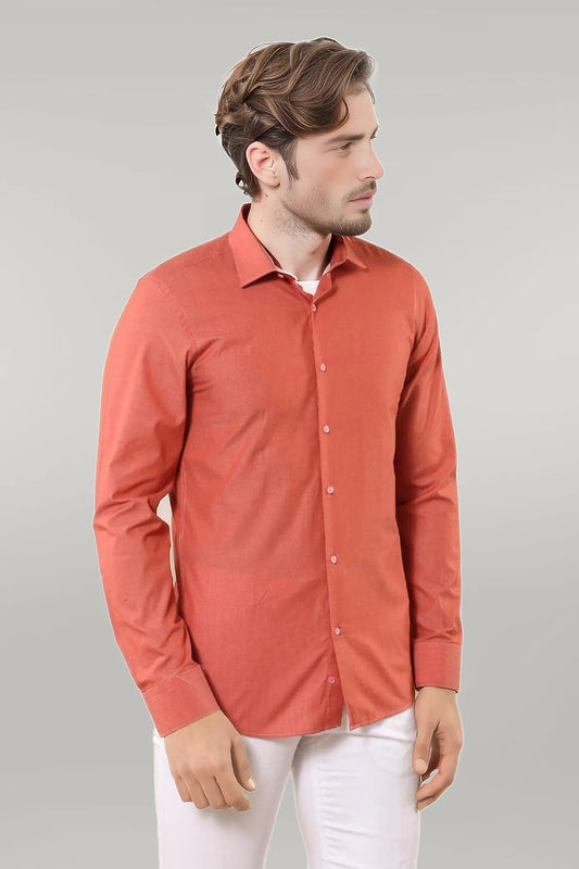Plain Slim Fit Long Sleeves Salmon Color Men Shirt