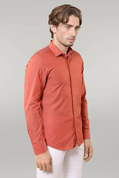 Plain Slim Fit Long Sleeves Salmon Color Men Shirt
