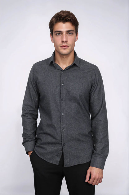 Slim Fit Plain Dark Grey Men Lumberjack Shirt