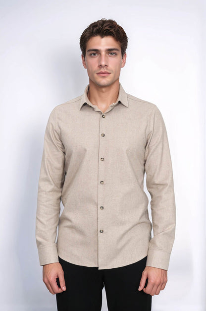 Slim Fit Cotton Plain Beige Men Lumberjack Shirt - Wessi
