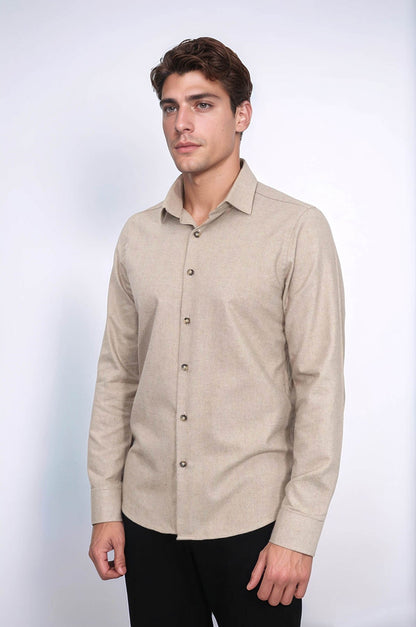 Slim Fit Cotton Plain Beige Men Lumberjack Shirt - Wessi