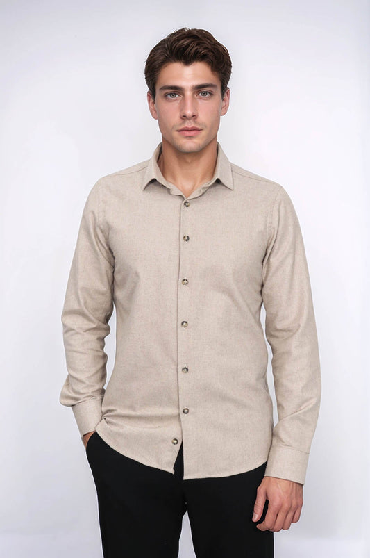 Slim Fit Cotton Plain Beige Men Lumberjack Shirt - Wessi