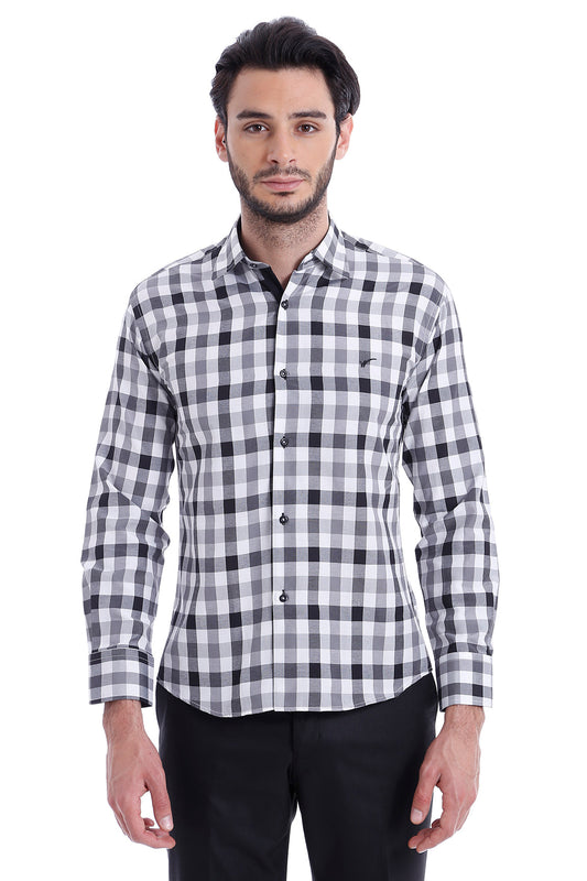 Slim Fit Plaid Patterned Grey Shirt