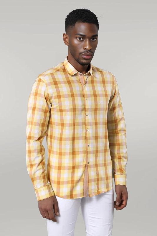 Slim Fit Plaid Patterned Yellow Shirt