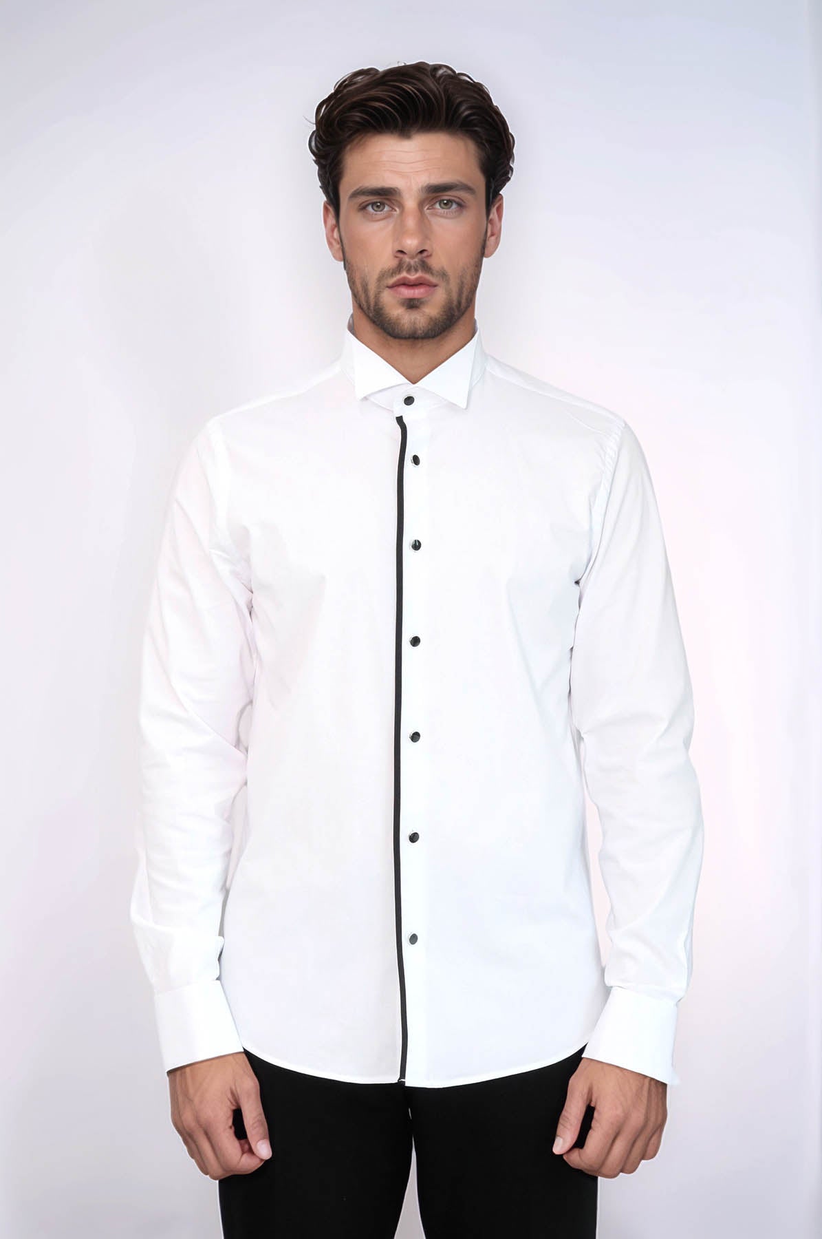 KOALA SYDNEY  Black Stripe Detailed White Men Tuxedo Shirt