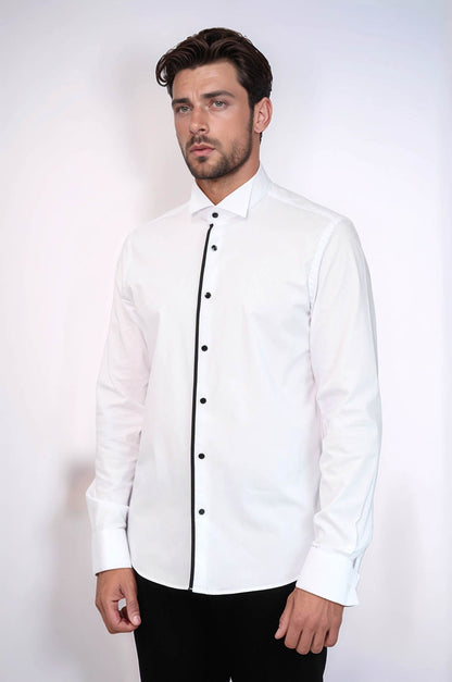 KOALA SYDNEY  Black Stripe Detailed White Men Tuxedo Shirt