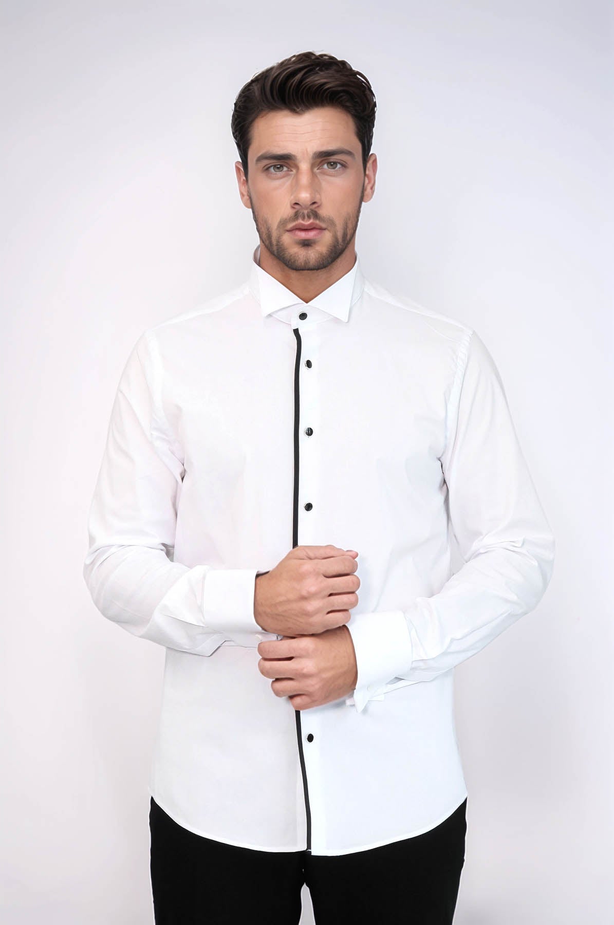 KOALA SYDNEY  Black Stripe Detailed White Men Tuxedo Shirt