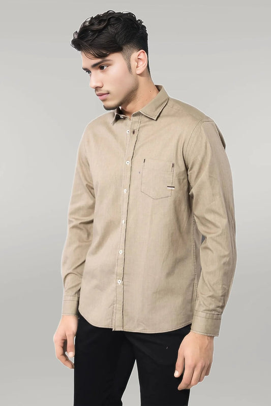 Cotton Long Sleeves Beige Men Shirt