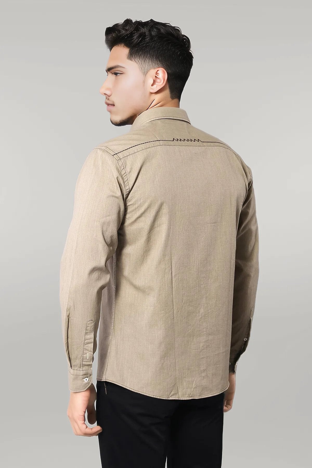 Cotton Long Sleeves Beige Men Shirt