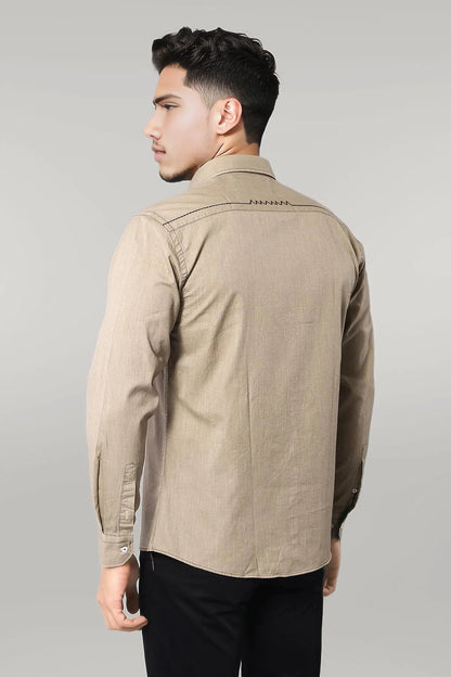 Cotton Long Sleeves Beige Men Shirt